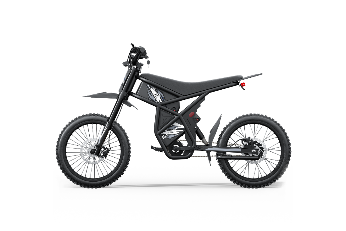Black GT73 Pro electric motorbike with off-road tires, rear gear hub motor, dual removable lithium batteries, and LED lights.