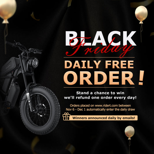 Black Friday eBike Deals 2025 daily free order giveaway banner.