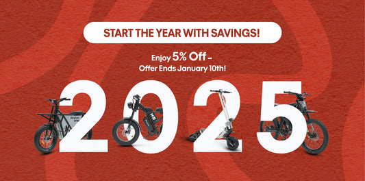 New Year Sale poster - white letters and numbers on the red background, numbers being adorned with ebikes