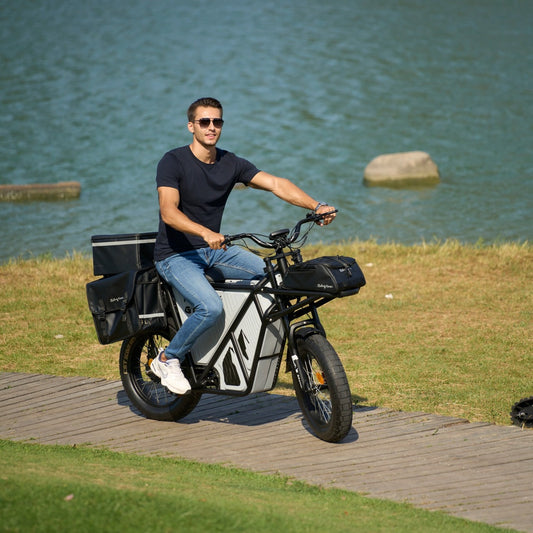 Riding Times GT53 electric cargo bike with fat tires on urban street