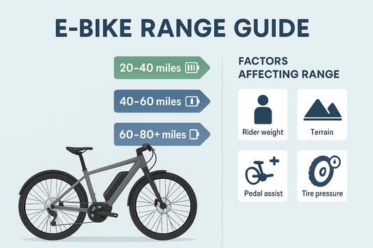 The image is a generated poster that shows the estimated range of electric bikes and highlights key factors affecting range, including rider weight, terrain, pedal assist, and tire pressure