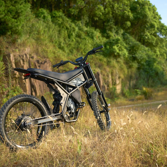 Riding Times GT73 electric motorbike showcasing its rugged design, off-road tires, and advanced features, positioned as a budget-friendly alternative to the Surron.