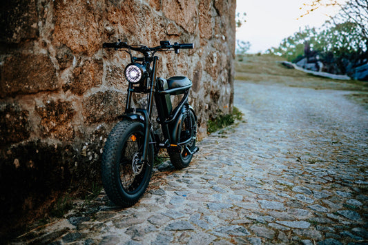 A black electric fat-tire bike (Riding Times Z8) parked against a rustic stone wall on a cobblestone path, with its headlight on and surrounded by a natural outdoor setting.