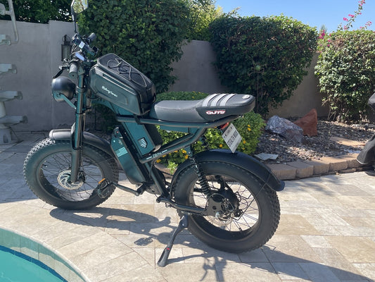 Riding Times Z8 electric bike with Guts seat cover parked near pool in garden setting