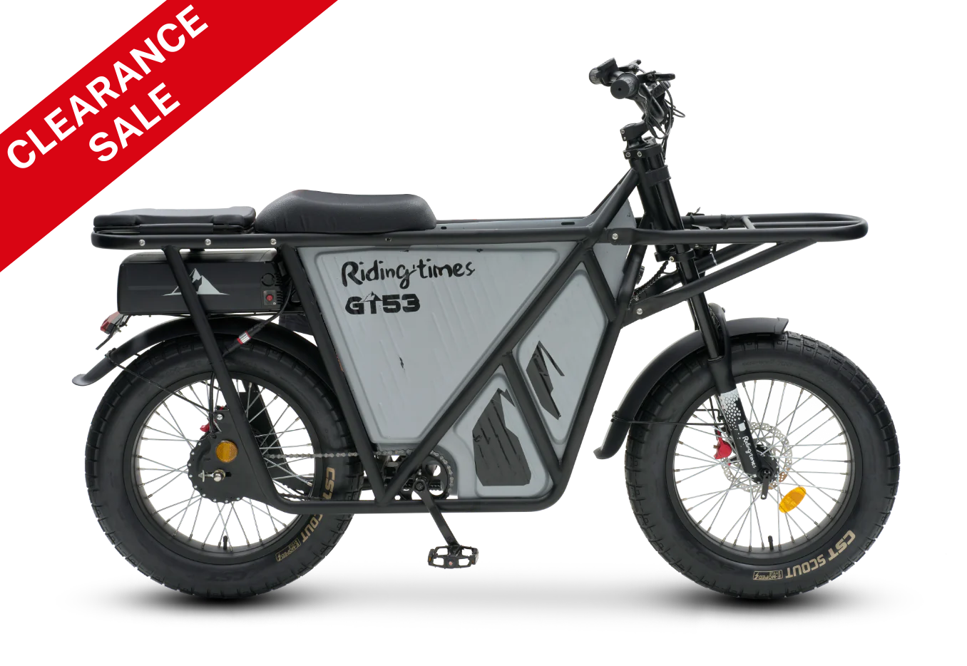 GT53 Cargo eBike with carbon steel frame, 1000W motor, 48V battery, 28 MPH max speed, and puncture-resistant tires on clearance sale.