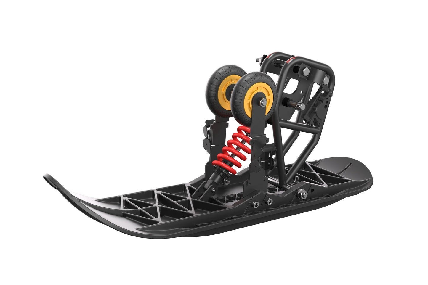Black snow sled kit RT1-DIY with front and rear shock absorbers and yellow wheels for off-road use