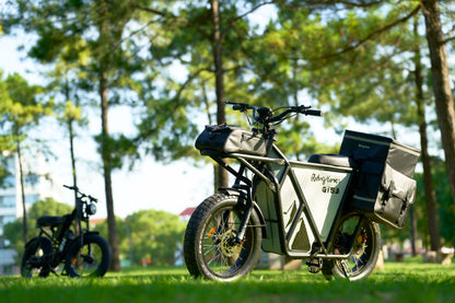 GT53 Cargo eBike with carbon steel frame and load-bearing fat tires in a park setting.