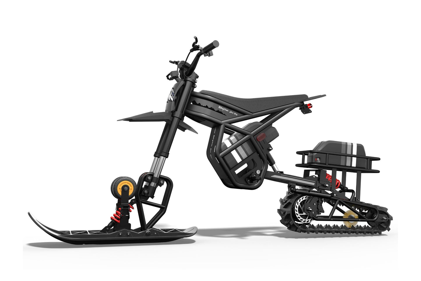 Black RT1-DIY snow sled kit with 3000W motor, front and rear shock absorbers, and track system for winter riding