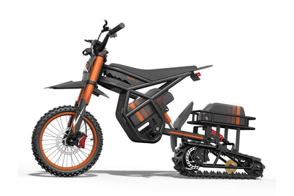 Black and orange snow sled kit with 3000W motor and track system for off-road use