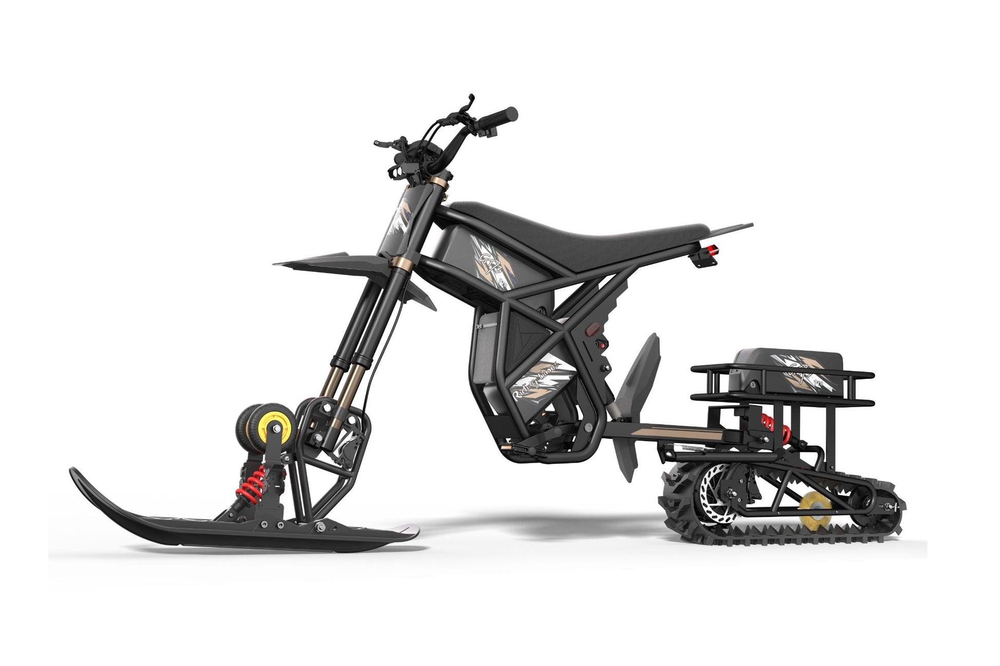 Black snow sled kit with 3000W motor, front and rear shock absorbers, and tracked rear for snow terrain.