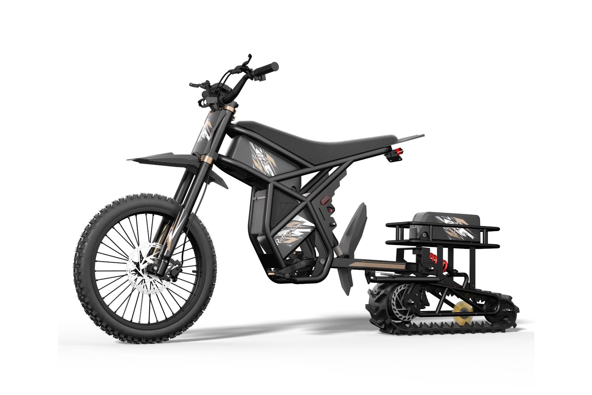 Black snow sled kit RT1-DIY with 3000W motor, front and rear shock absorbers, and track system for snow terrain