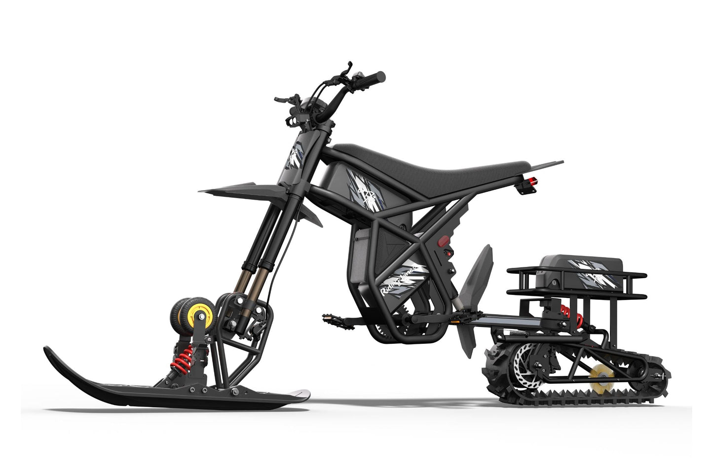 Black snow sled kit RT1-DIY with 3000W motor, front and rear shock absorbers, and tracked rear wheel.