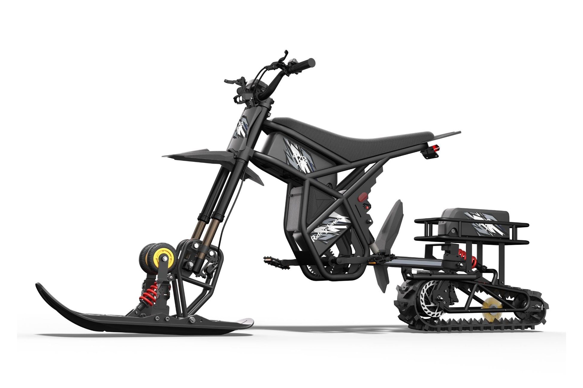 Black snow sled kit RT1-DIY with 3000W motor, front and rear shock absorbers, and tracked rear wheel.